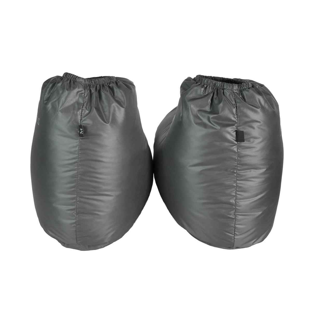 Pair of ultralight down booties rear view showing heel shape and insulation loft