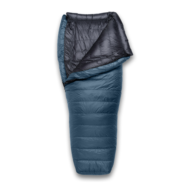 A down sleeping bag shown flat on a white background, with the front folded back to reveal a dark interior lining and a blue outer shell.