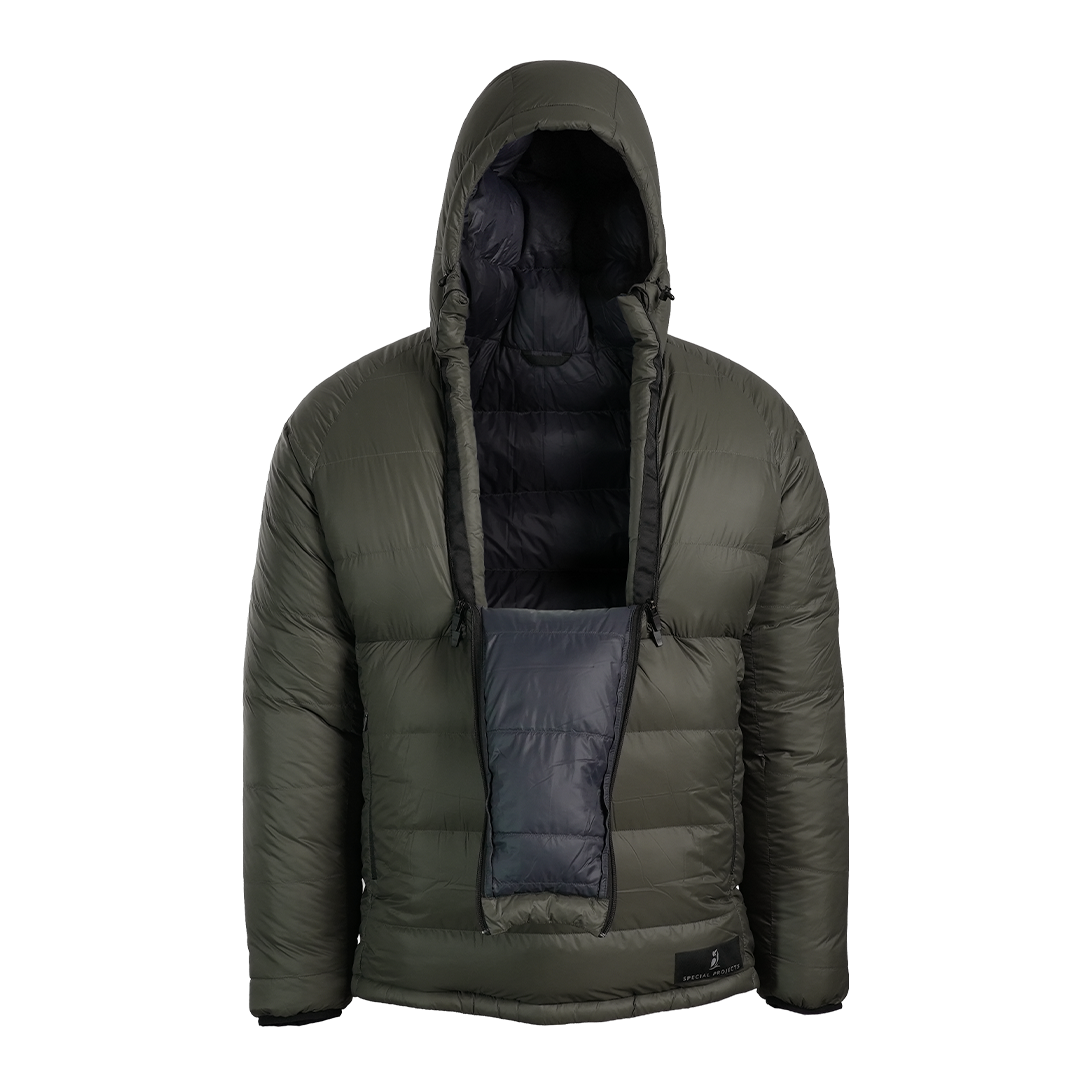 A down anorak jacket with a black interior lining unzipped showing the access to gear when both half zippers are used. It's shown against a plain white background.