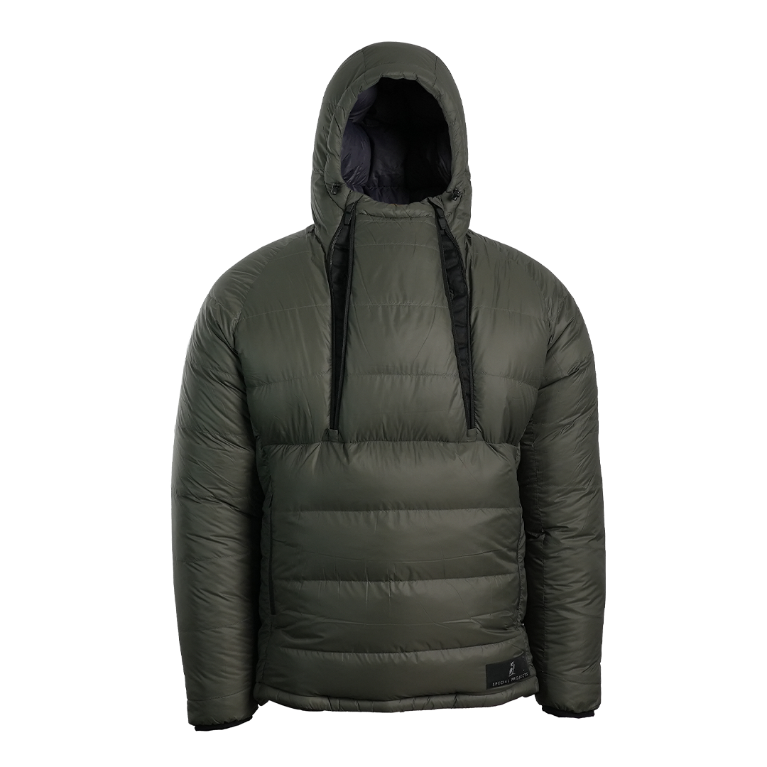 A hooded anorak jacket with bottom zipper sliders unzipped for ventilation, shown on a plain white background.