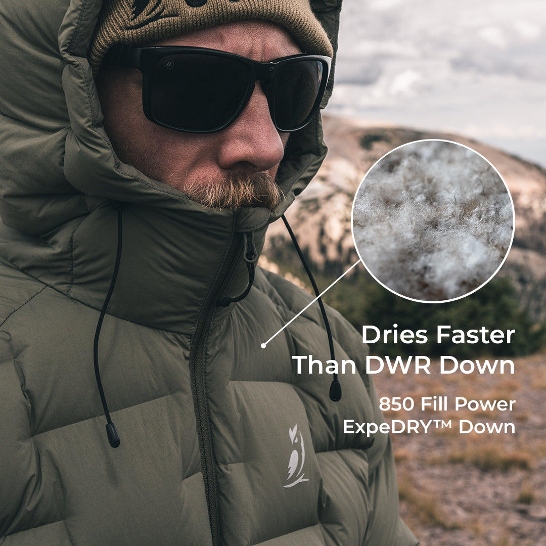 close view of puffy down jacket with popout showing 850 fill power ExpeDRY insulation