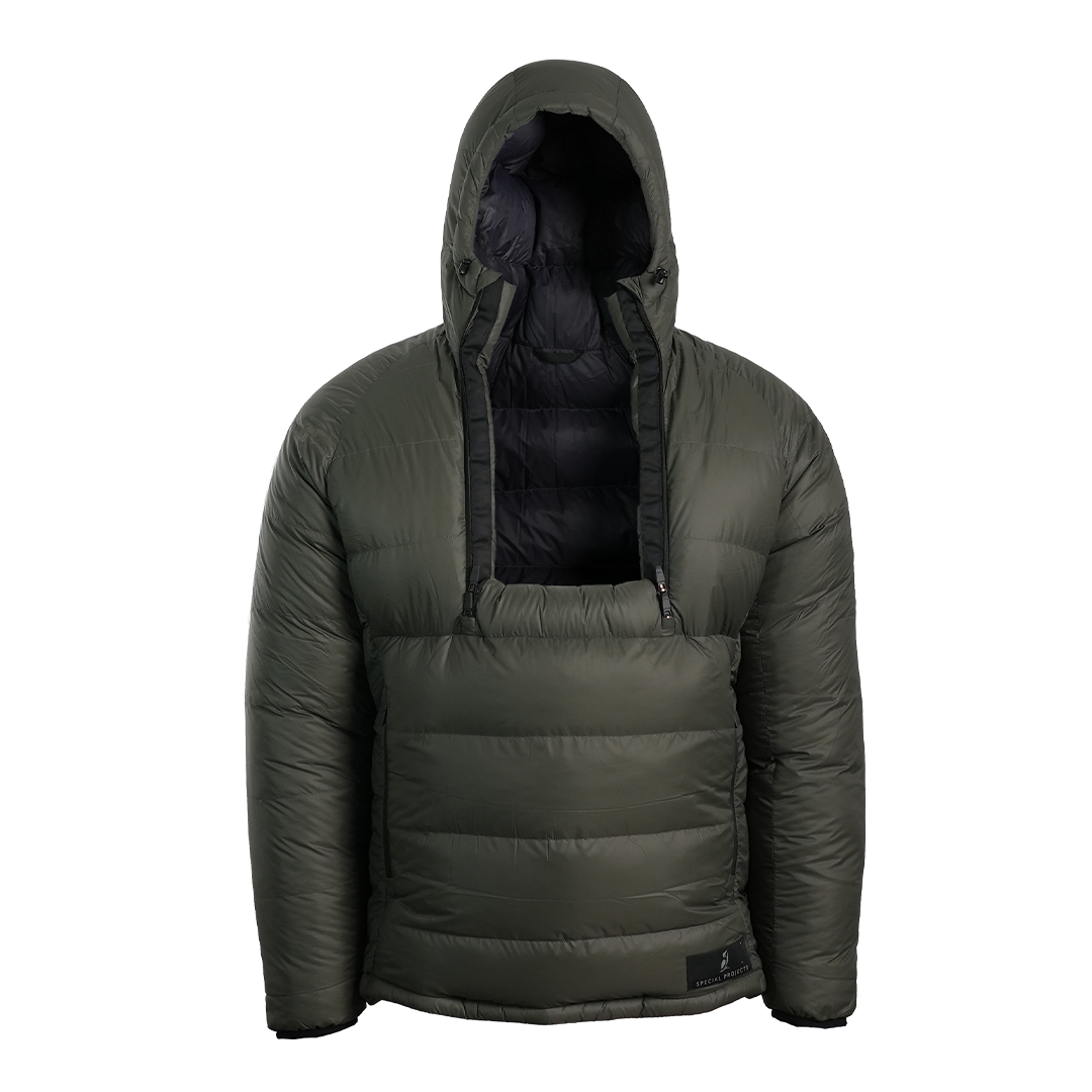 A gray hooded anorak with a black interior lining and 2 half zips fully unzipped for easy access to chest gear, shown against a plain white background.