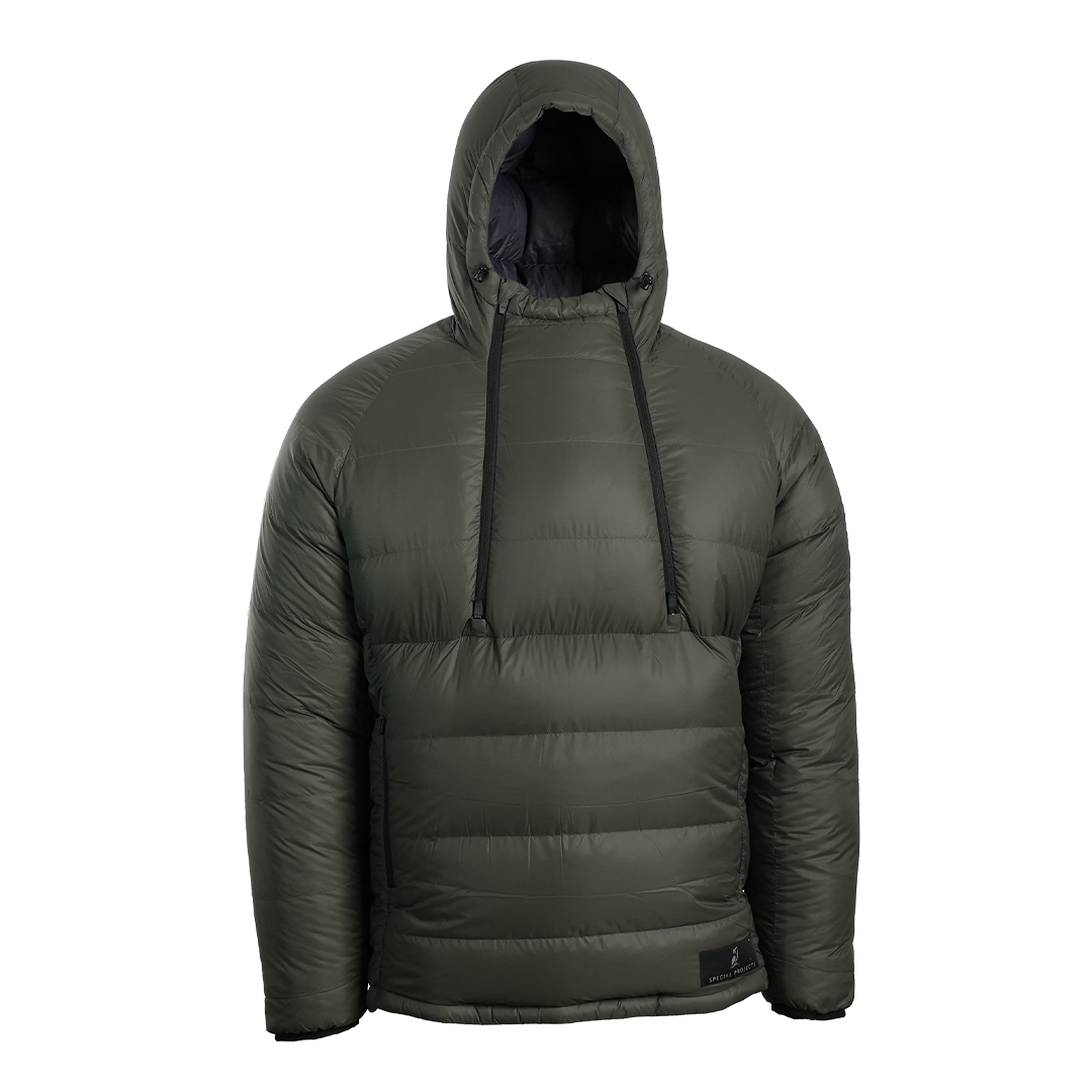 A gray hooded puffer anorak jacket with 2 half zippers, shown on a clean white background.