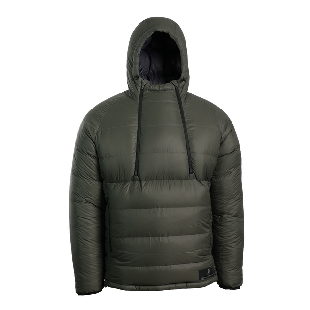 A gray hooded puffer anorak jacket with 2 half zippers, shown on a clean white background.