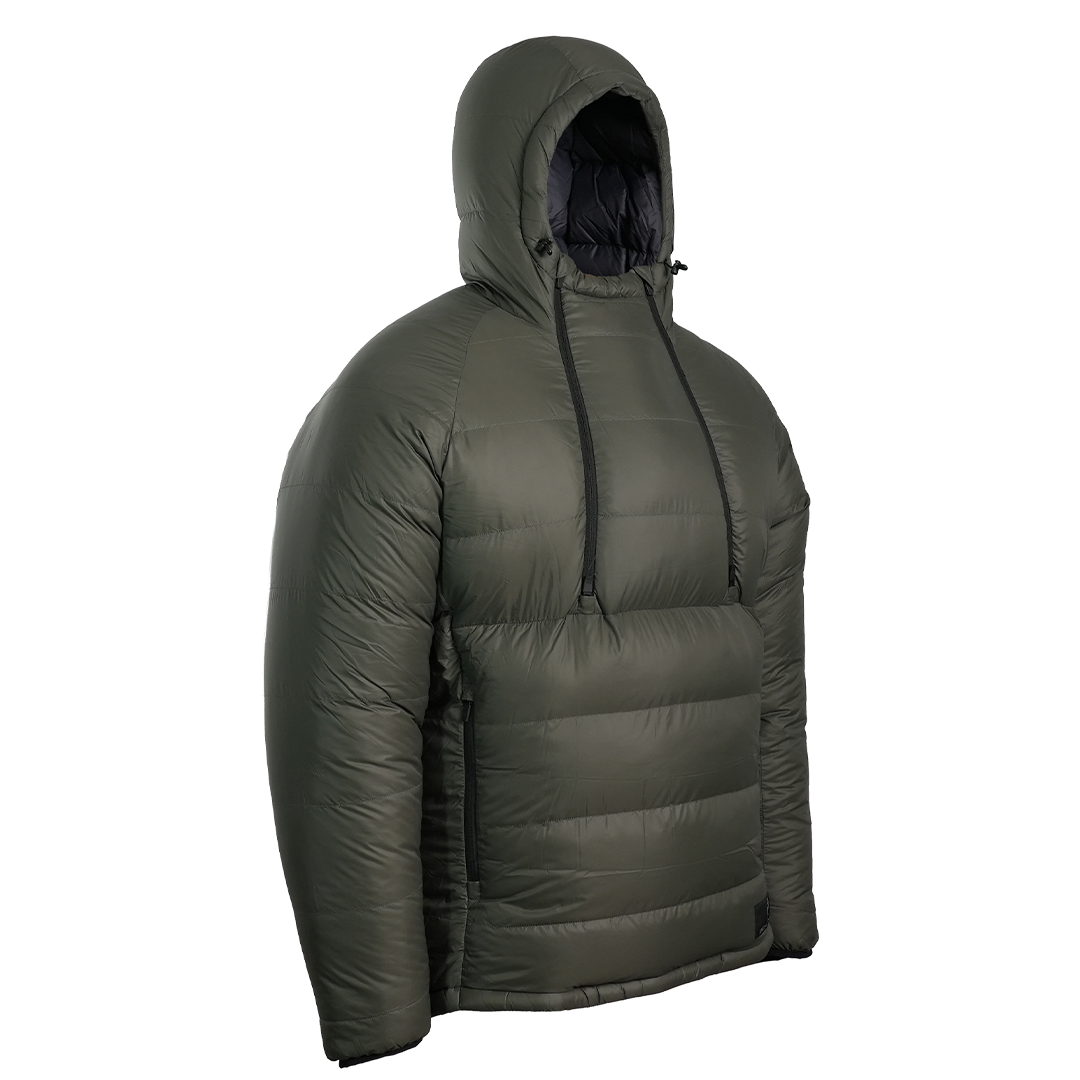 A gray puffer jacket shown on a white background, styled as if worn with the hood up.
