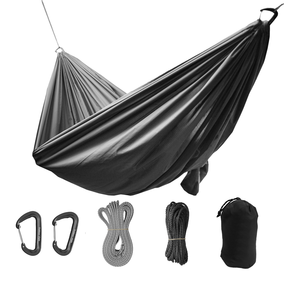 Outdoor Vitals Ultralight Complete Hammock System laid out showing the main hammock, suspension straps, ridgeline, carabiners, and stuff sack.