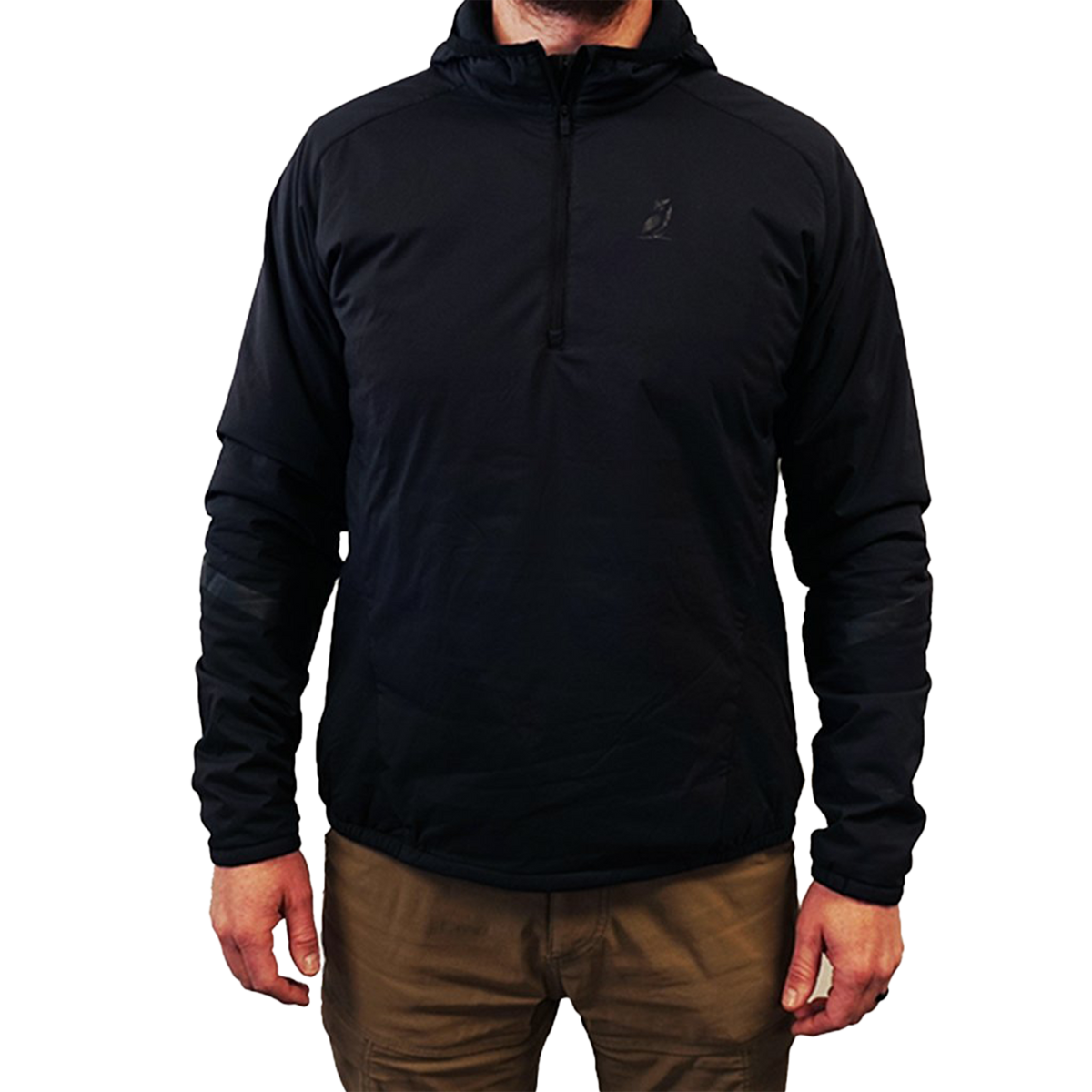 Close-up of a men's black lightweight half-zip hooded outdoor jacket.