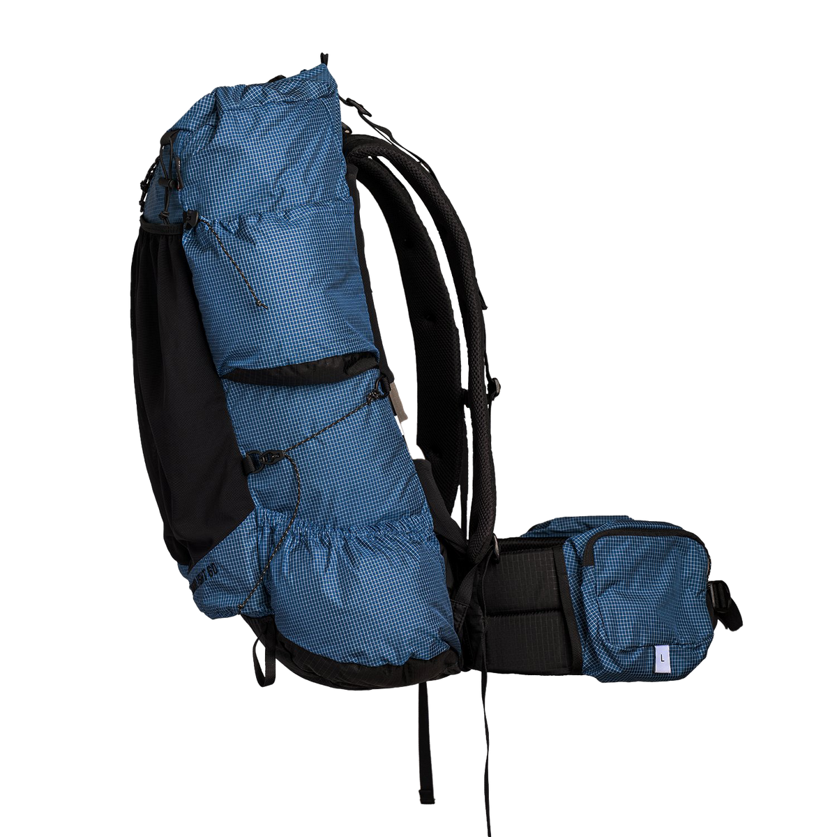 Side view of the Shadowlight Ultralight Backpack with a focus on side pockets & hip belt