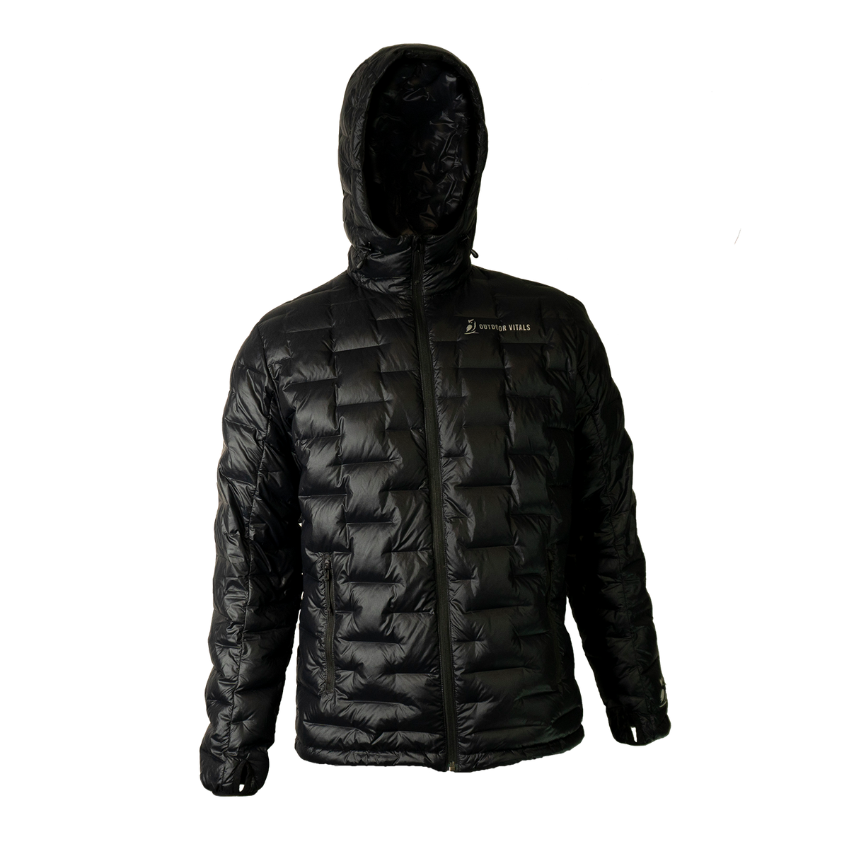 Front view of a Outdoor Vitals insulated hooded jacket, featuring quilted baffles and a full-length zipper.