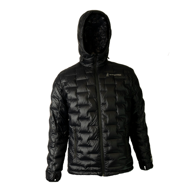 Front view of a Outdoor Vitals insulated hooded jacket, featuring quilted baffles and a full-length zipper.