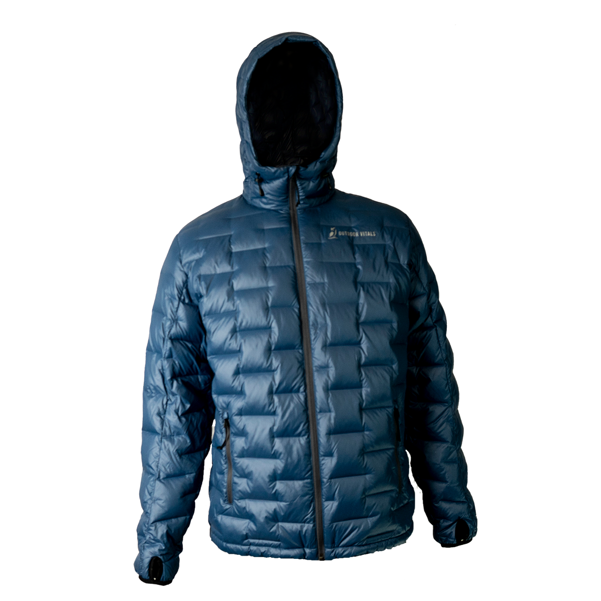 Front view of a Outdoor Vitals insulated hooded jacket, featuring quilted baffles and a full-length zipper.