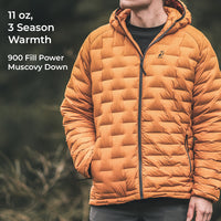 A man wearing a puffer jacket outdoors, with text on the left reading '11 oz, 3 Season Warmth' and '900 Fill Power Muscovy Down'.