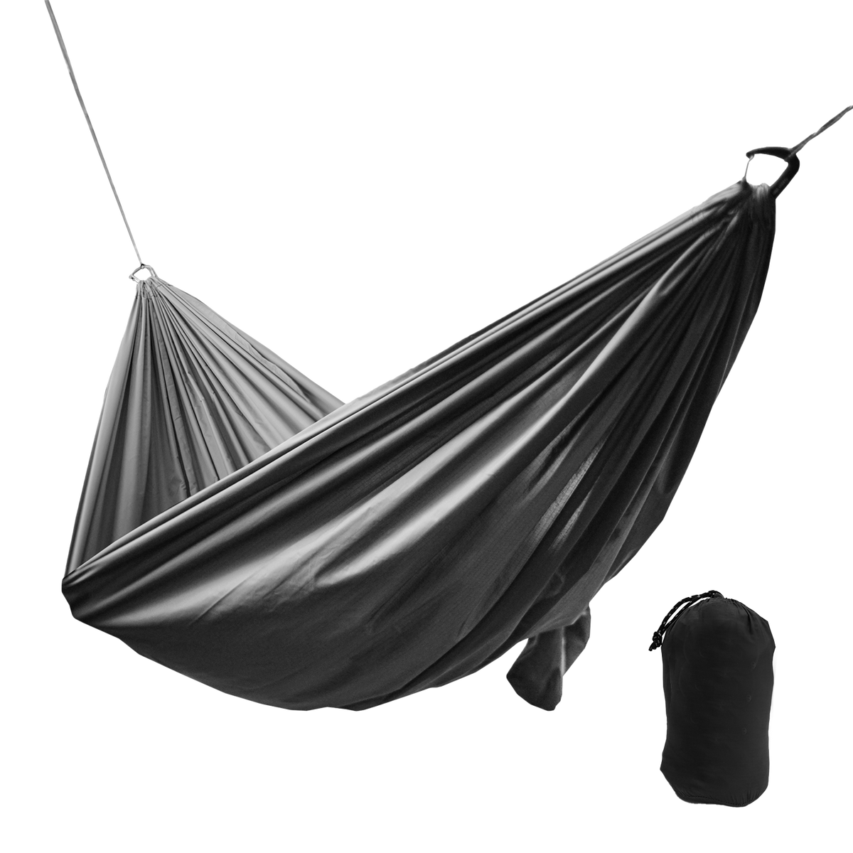 Outdoor Vitals Ultralight Complete Hammock suspended with attached structural ridgeline alongside its included stuff sack.