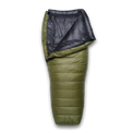 An olive green hoodless sleeping bag, shown partially unfolded on a white background.