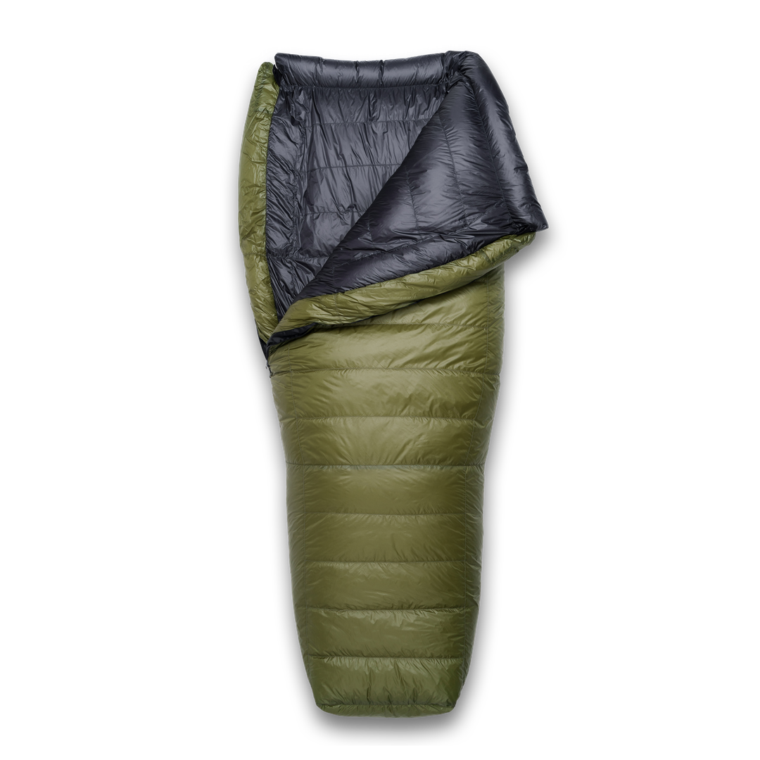 An olive green hoodless sleeping bag, shown partially unfolded on a white background.