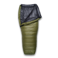 An olive green hoodless sleeping bag, shown partially unfolded on a white background.