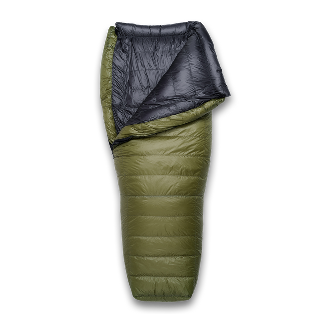 An olive green hoodless sleeping bag, shown partially unfolded on a white background.