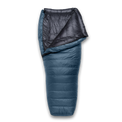 A down sleeping bag shown flat on a white background, with the front folded back to reveal a dark interior lining and a blue outer shell.