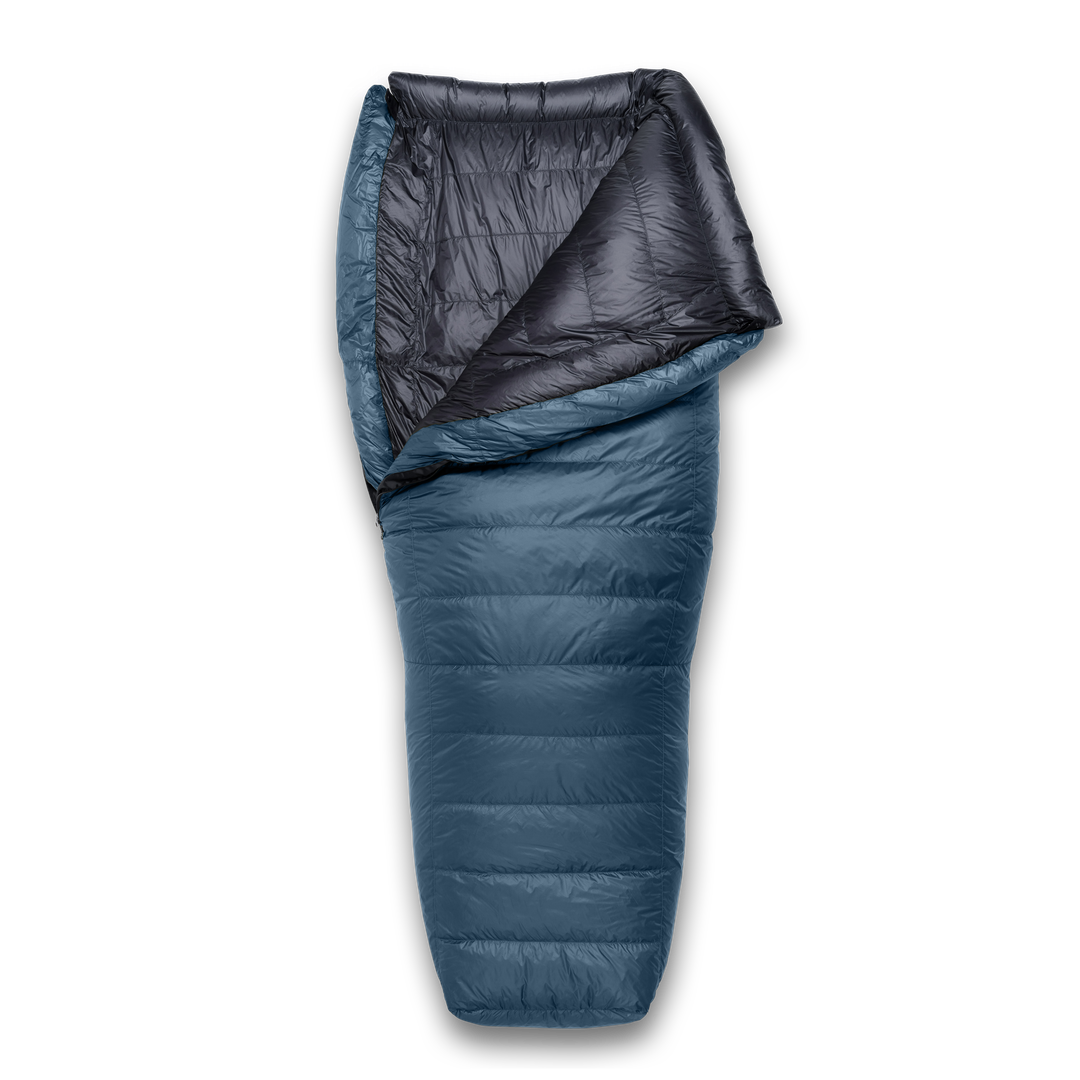 A down sleeping bag shown flat on a white background, with the front folded back to reveal a dark interior lining and a blue outer shell.
