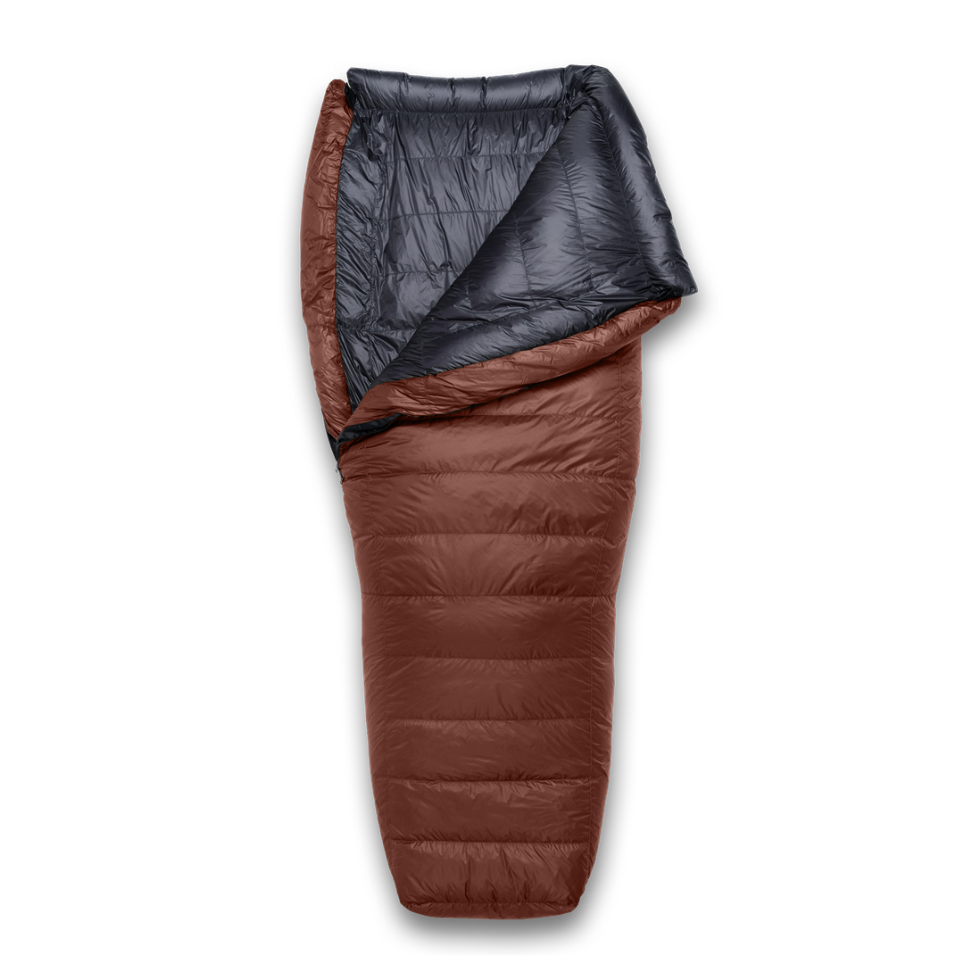A roomy sleeping bag shown flat on a white background, with a red outer shell and a black inner lining visible at the opening.