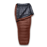 A roomy sleeping bag shown flat on a white background, with a red outer shell and a black inner lining visible at the opening.
