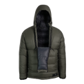A down anorak jacket with a black interior lining unzipped showing the access to gear when both half zippers are used. It's shown against a plain white background.