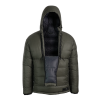 A down anorak jacket with a black interior lining unzipped showing the access to gear when both half zippers are used. It's shown against a plain white background.