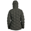 A dark gray hooded puffer jacket shown from the back, featuring horizontal quilted baffles and a high hood, photographed against a solid white background.