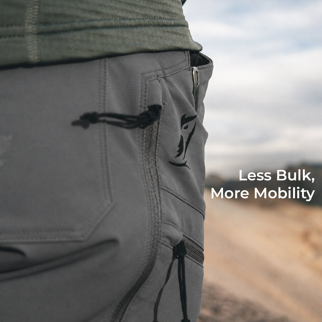 close view of OV logo and pocket configuration of lightweight backpacking pants