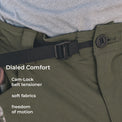 close view of camlock belt tensioner on green backpacking pants