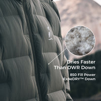 close view of puffy down jacket baffles with a popout view of 850 fill power ExpeDRY down insulation