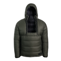 A gray hooded anorak with a black interior lining and 2 half zips fully unzipped for easy access to chest gear, shown against a plain white background.