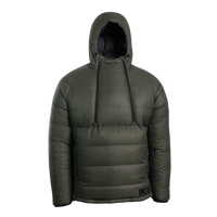 A gray hooded puffer anorak jacket with 2 half zippers, shown on a clean white background.