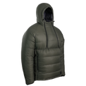 A gray puffer jacket shown on a white background, styled as if worn with the hood up.
