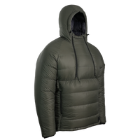 A gray puffer jacket shown on a white background, styled as if worn with the hood up.