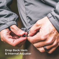 close view of hem adjuster on athletic mid layer jacket