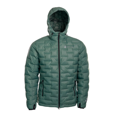 A NovaPro men's down jacket with a hood, featuring a zipper front and quilted design warmth.