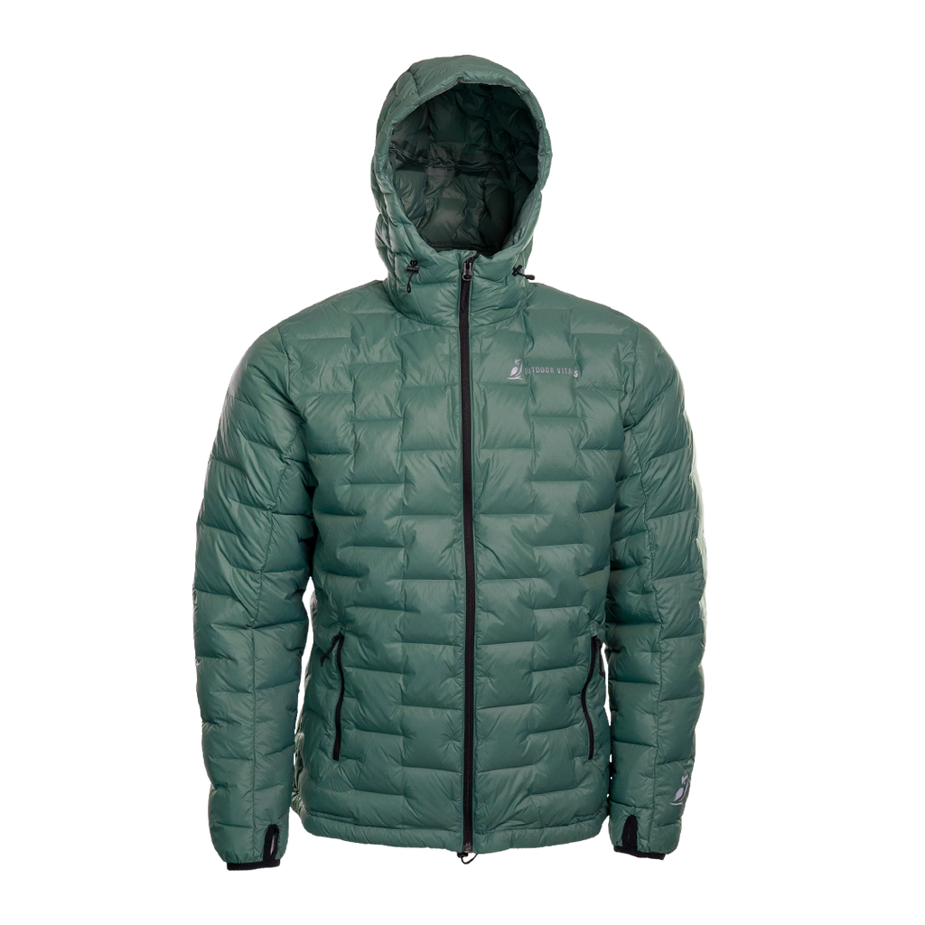 A NovaPro men's down jacket with a hood, featuring a zipper front and quilted design warmth.