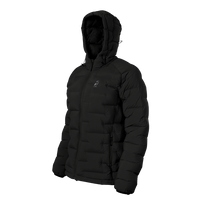 A black hooded puffer jacket shown from a three-quarters angle against a plain white background.