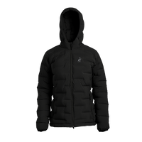 A black hooded puffer jacket with horizontal quilting, a full front zipper, and a small white logo on the left chest, displayed on a solid white background.
