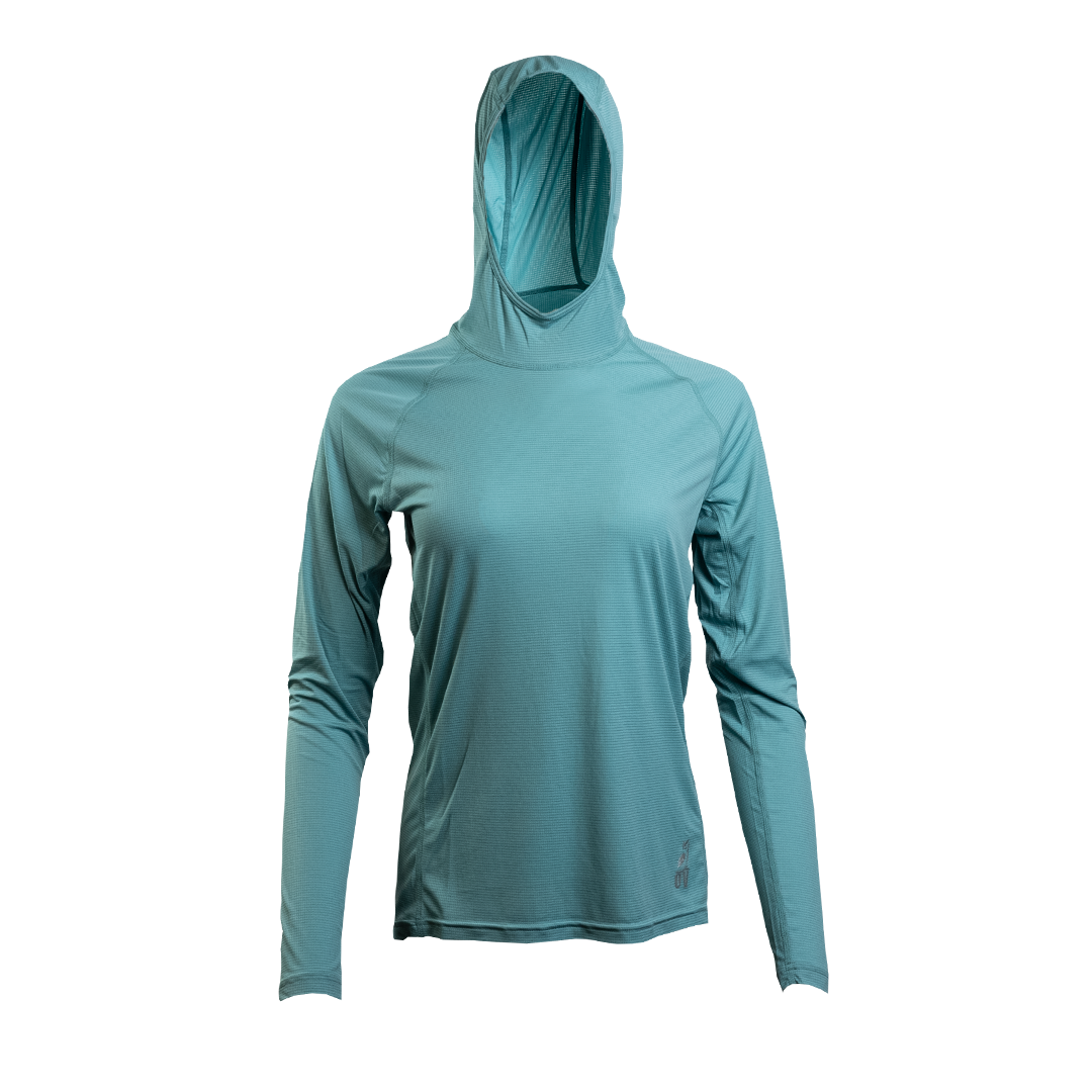 Ultralight synthetic hoodie with a hood, displaying true flat-lock seams and a minimal clean collar.