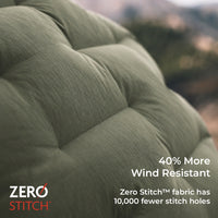 close view of stitchless fabric on warm puffy jacket for alpine conditions. text callouts share that this puffy has 10,000 fewer stitch holes than other jackets.