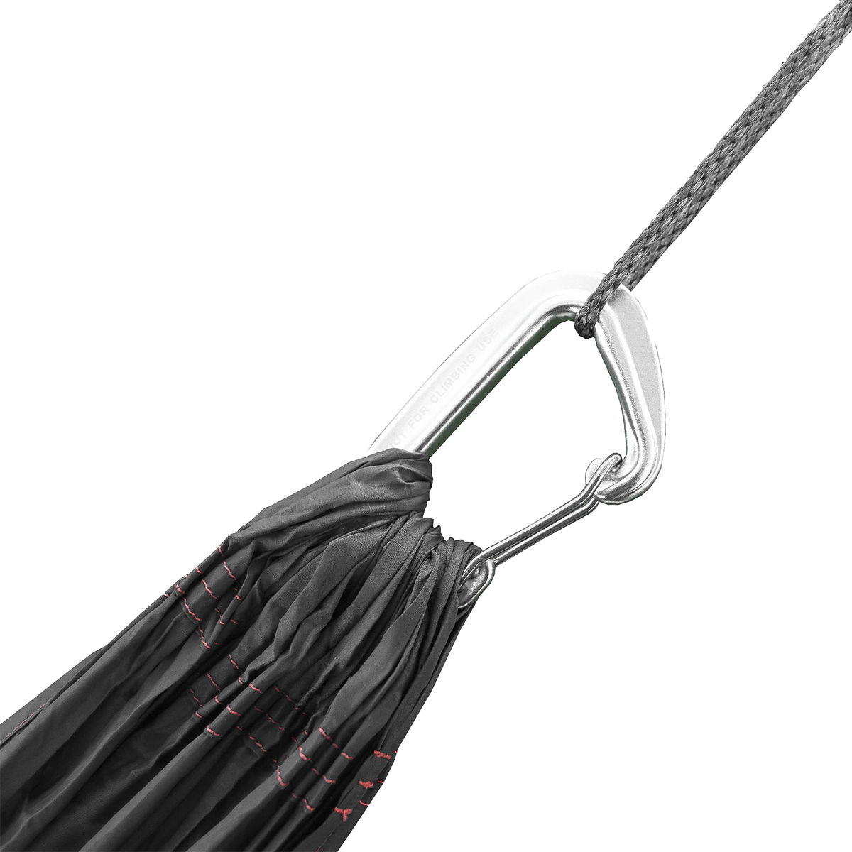 Close-up of an Outdoor Vitals hammock end connected to a carabiner and Whoopie Sling suspension line.