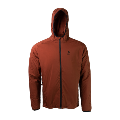 front view of men's full zip hooded jacket for backpacking