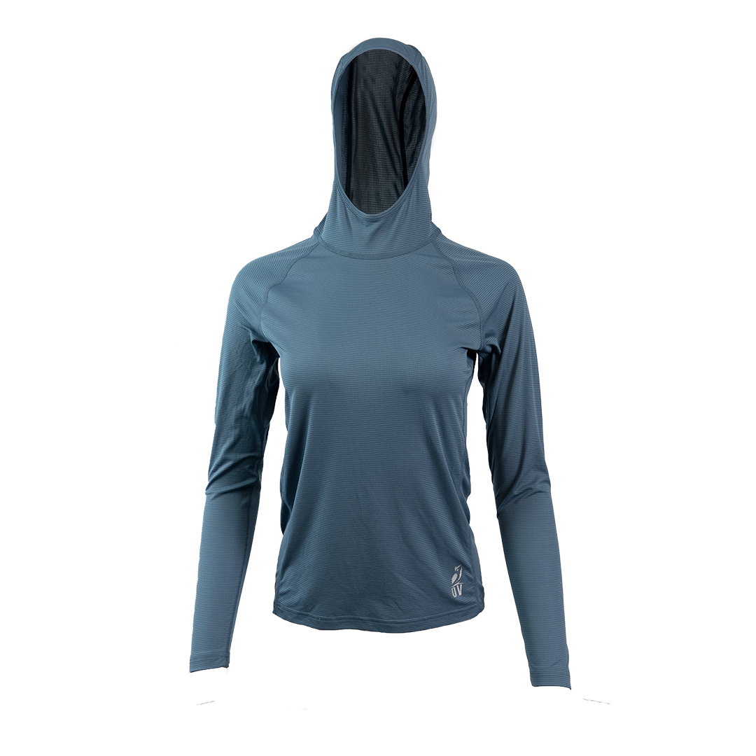 Blue Ultralight synthetic hoodie with a hood, displaying true flat-lock seams and a minimal clean collar.