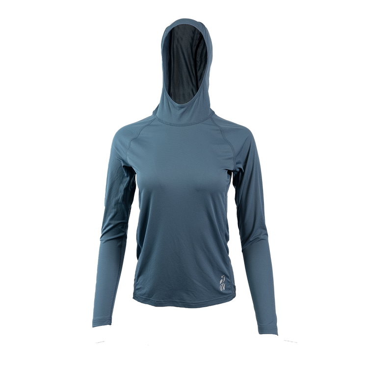 Blue Ultralight synthetic hoodie with a hood, displaying true flat-lock seams and a minimal clean collar.